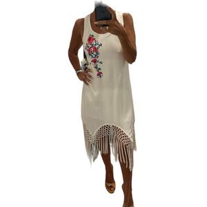 Venus Ivory Embroidered Fringes Hem Midi Dress and Pink Cardigan Bundle.Size S